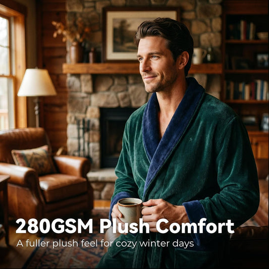 Vulcanodon Mens Robe Plush Fleece Shawl Collar Bathrobe Warm Soft Cozy Lounge Robe with Pockets