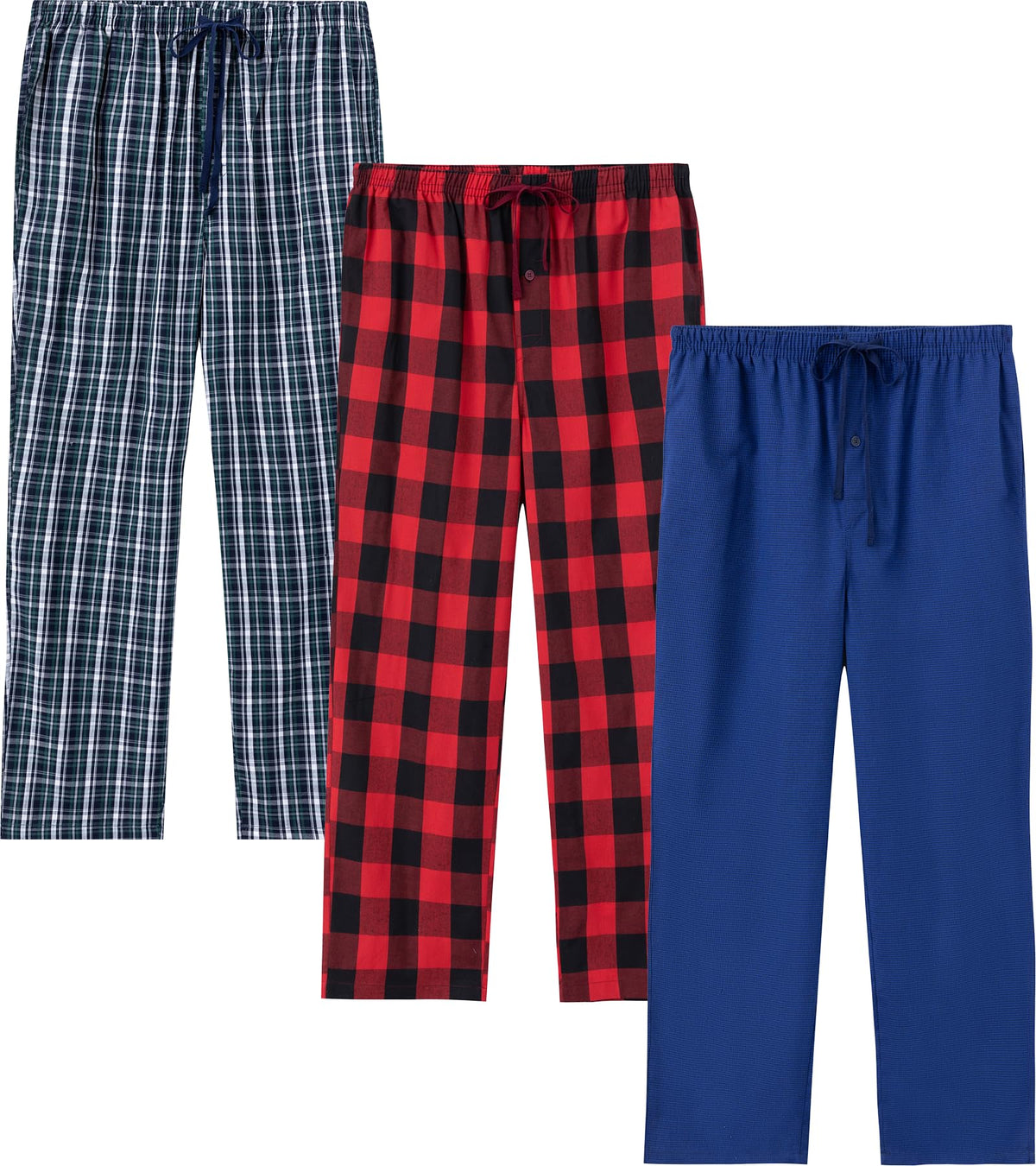 JupiterSecret Mens Pajama Pants Set Cotton Lightweight Plaid Sleep & Lounge 3-Pack PJ Bottoms with Pockets and Button Fly