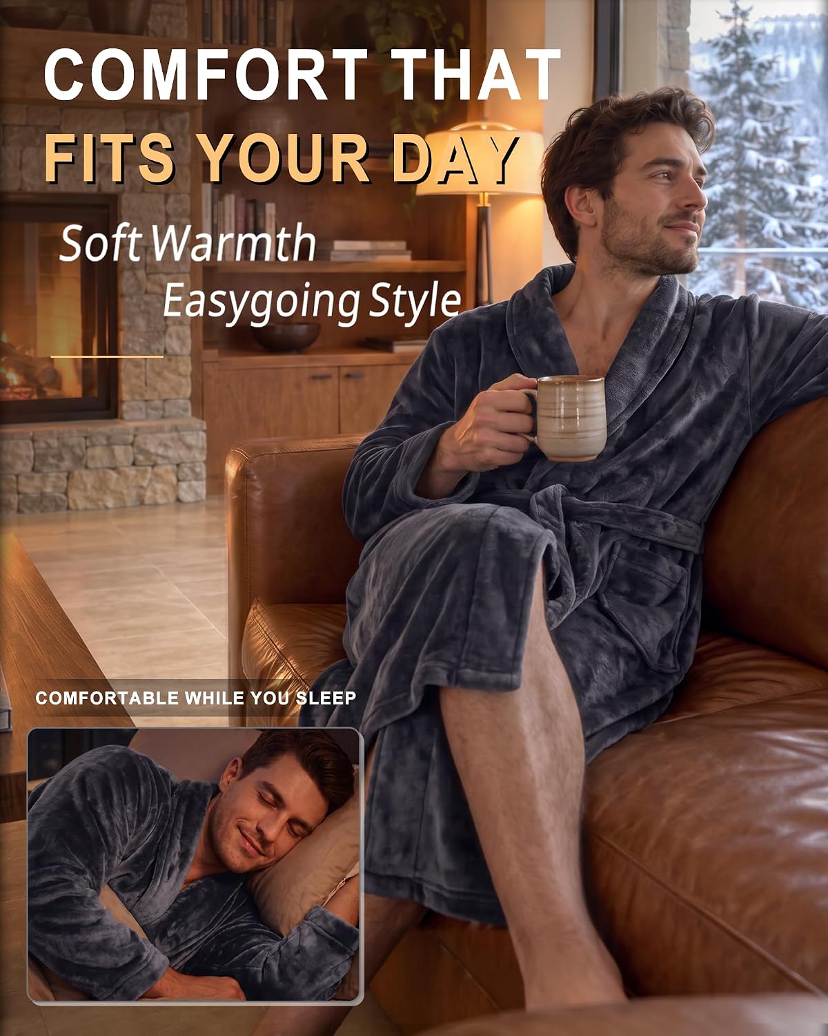 U2SKIIN Mens Robe Plush Flannel Bathrobe for Men Shawl Collar