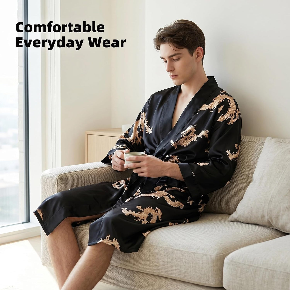 Haseil Men's Satin Robe Dragon Luxurious Silk Spa Long Sleeve House Kimono Bathrobe