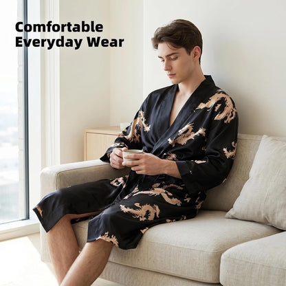Haseil Men's Satin Robe Dragon Luxurious Silk Spa Long Sleeve House Kimono Bathrobe