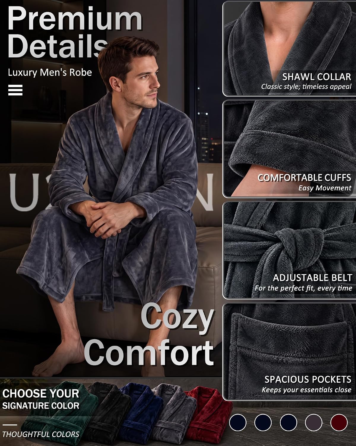 U2SKIIN Mens Robe Plush Flannel Bathrobe for Men Shawl Collar