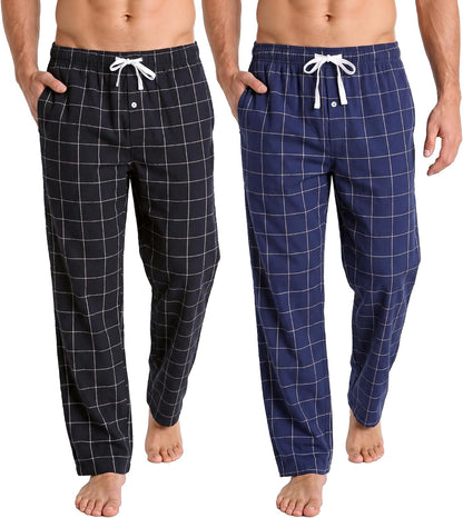 Vulcanodon Men's 100% Cotton Pajama Pants 2Pack, Plaid Sleep Pants