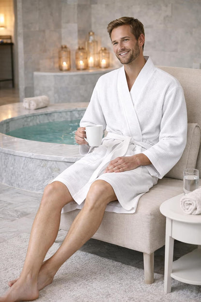 Turkish Linen Men’s Waffle Bathrobe Lightweight Kimono Spa Robe – Quick Dry Bath & Shower Robe for Men with Pockets