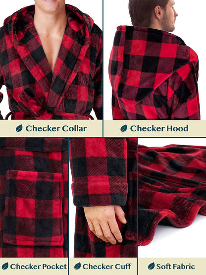 PAVILIA Mens Fleece Robe, Hooded Bathrobe with Shawl Collar, Pockets & Belt