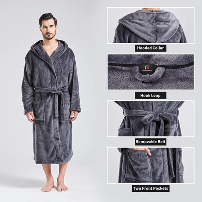 FashGudim Mens Hooded Robe Plush Shawl Collar Kimono Bathrobe Soft Warm Flannel Fleece Spa Robes House Coat Pajamas