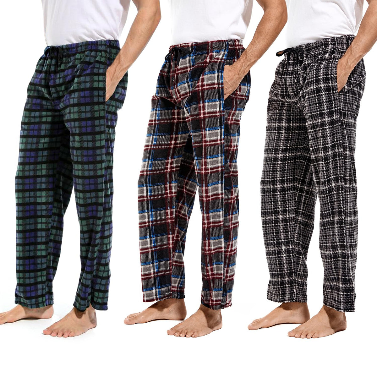 DG Hill 1Pack or 3Pack Mens PJ Pajama Pants Bottoms Fleece Lounge Pants Sleepwear Plaid PJs with Pockets Microfleece