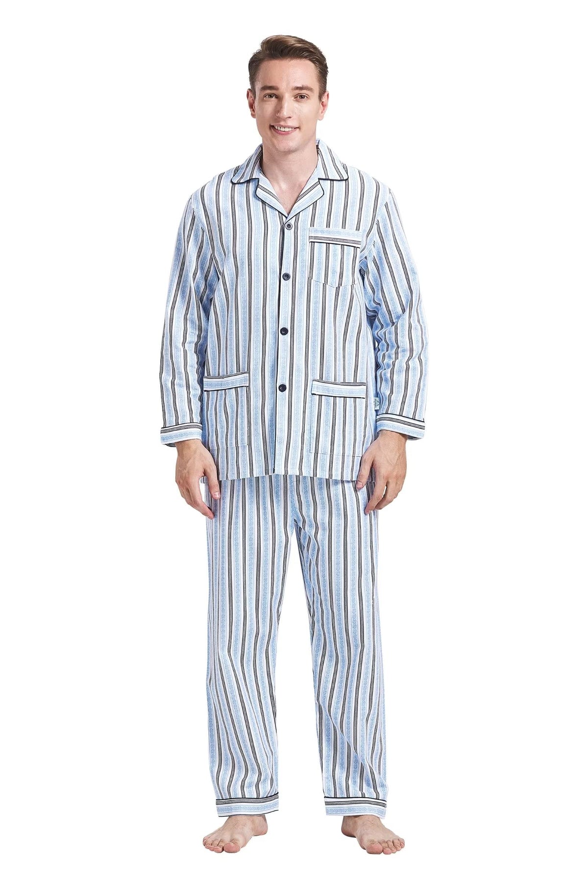 GLOBAL Men's Pajamas Sets 100% Cotton Flannel Sleepwear Long-Sleeve top & Bottom