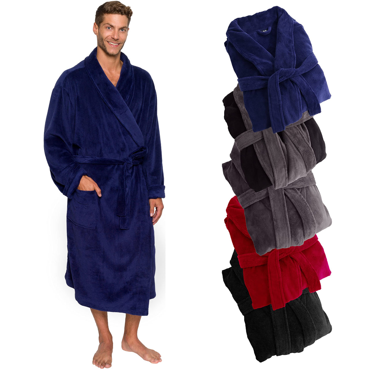 Ross Michaels Mens Robe Shawl Collar Wrap Style - Mid Length Plush Fleece Bathrobe