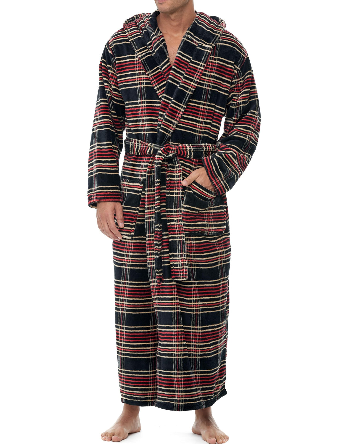 Men's Plush Fleece Hooded Robe with Pockets, Long Bathrobe