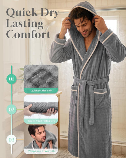 U2SKIIN Mens Robe Quick Dry Fleece Hooded Bathrobe for Men Spa Robe