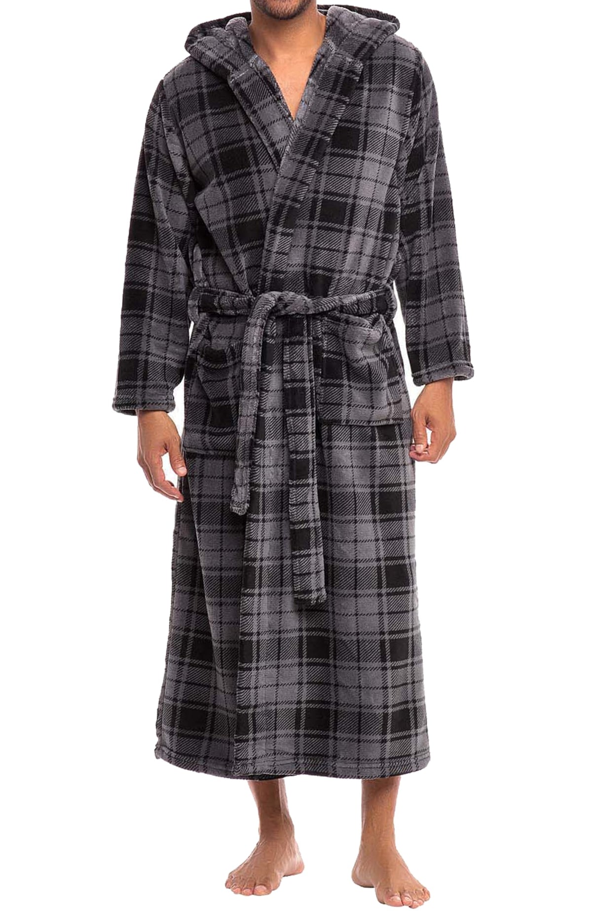 Men's Plush Fleece Hooded Robe with Pockets, Long Bathrobe