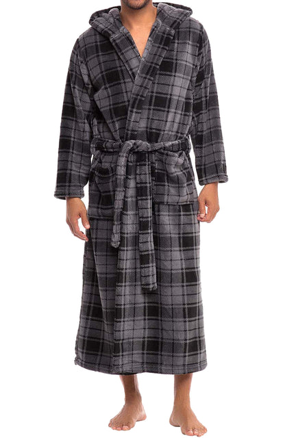 Men's Plush Fleece Hooded Robe with Pockets, Long Bathrobe