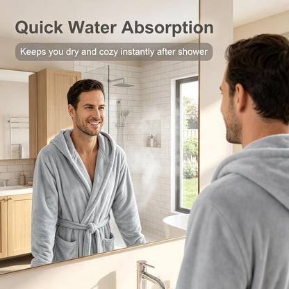 Men's Hooded Plush Fleece Bathrobe, Soft Warm Quick Dry Water Absorbent Spa House Coat Nightgown with Pockets