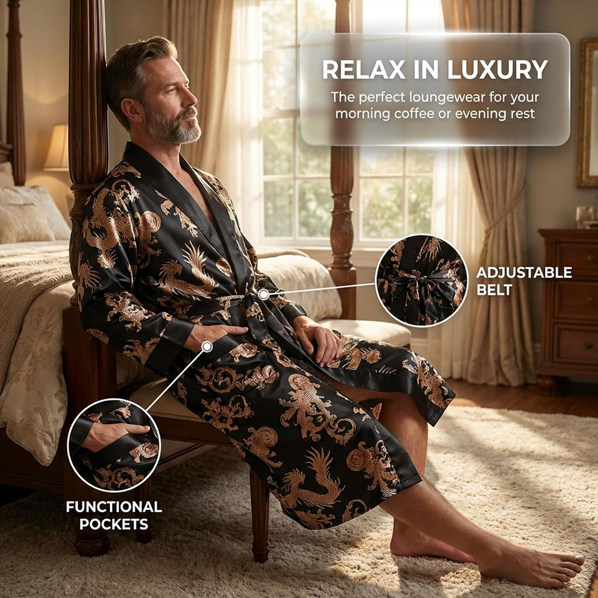 Men's Satin Robe Kimono Bathrobe Long Sleeve Spa Robe