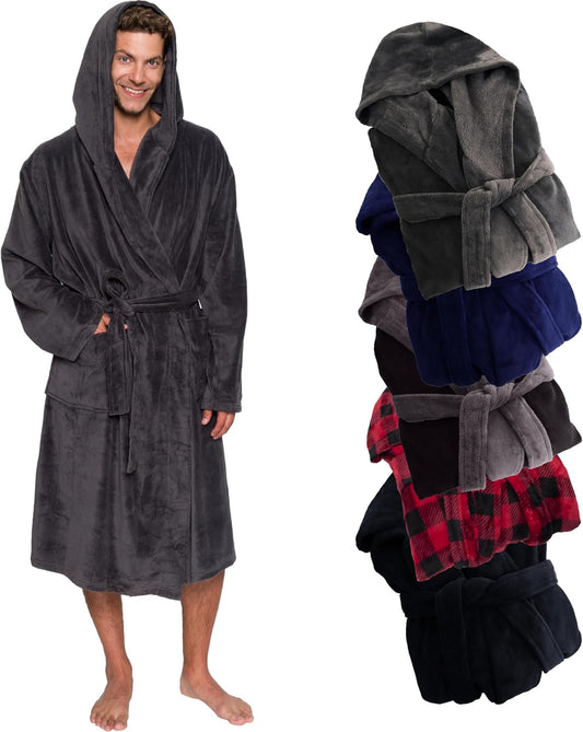 Ross Michaels Mens Robe Hooded Wrap Style - Mid Length Plush Fleece Bathrobe