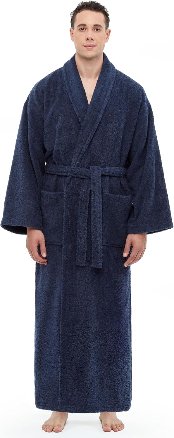 Arus Men's Shawl Collar Robe, Turkish Terry Cotton Bathrobe with Regular and Full Length Options