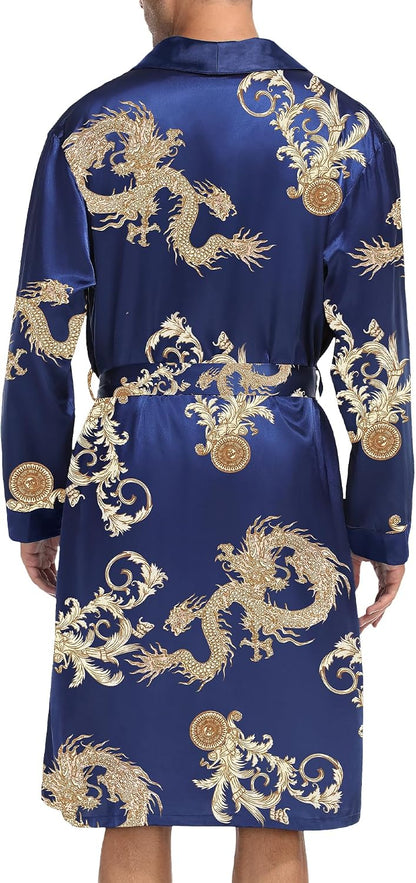 SWOMOG Men's Satin Robe with Shorts Set Silky Kimono Bathrobe Lightweight Soft Sleepwear