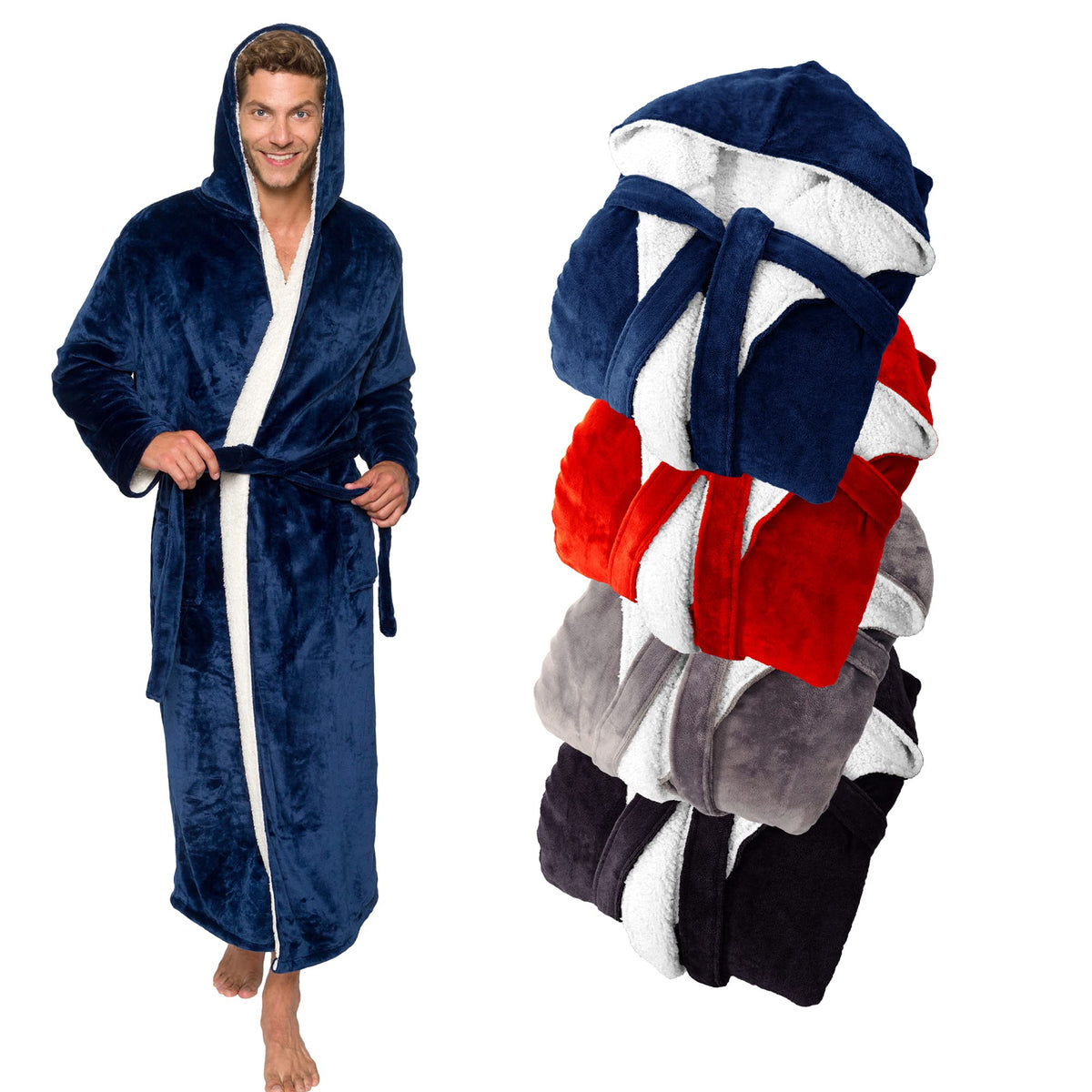 Ross Michaels Mens Luxury Robe Hooded Big and Tall - Long Plush Fleece Bath Robe with Hood and Pockets- Gift Men and Teens