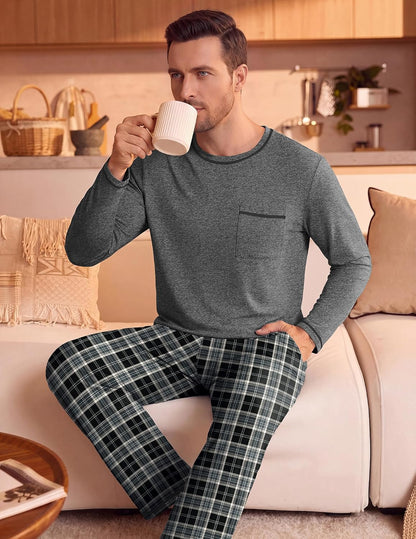 Ekouaer Mens Long Sleeve T-Shirt Pajama Set Soft 2 Piece Lounge Set