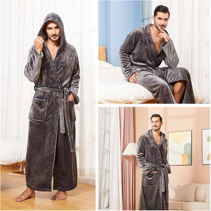 FashGudim Mens Robes Big and Tall with Hood Two-Tone Flannel Fleece Contrast Bathrobe Full Length Plush Long Robe House Coat