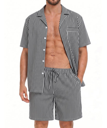SWOMOG Mens 100% Cotton Pajama Set 2Pcs Button Down Pjs Set Short Sleeve Sleepwear with Pocket Soft Summer Stripe Nightwear