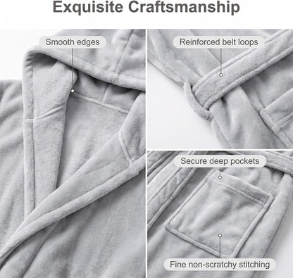 Men's Hooded Plush Fleece Bathrobe, Soft Warm Quick Dry Water Absorbent Spa House Coat Nightgown with Pockets