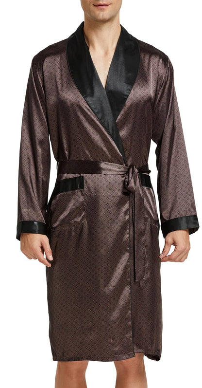 Mens Satin Robe Silk Long Sleeve Bathrobe with Shorts Set Kimono Sleepwear
