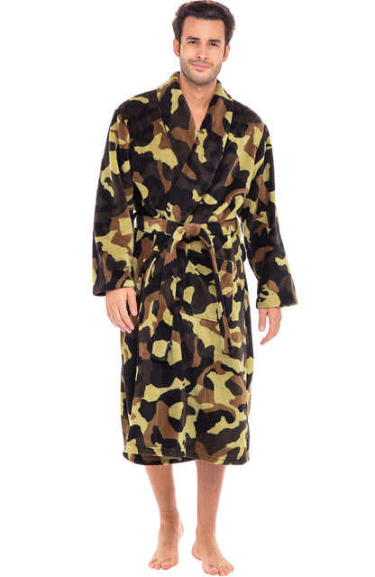 Men's Long Sleeve Lightweight Fleece Robe with Pockets, Bathrobe