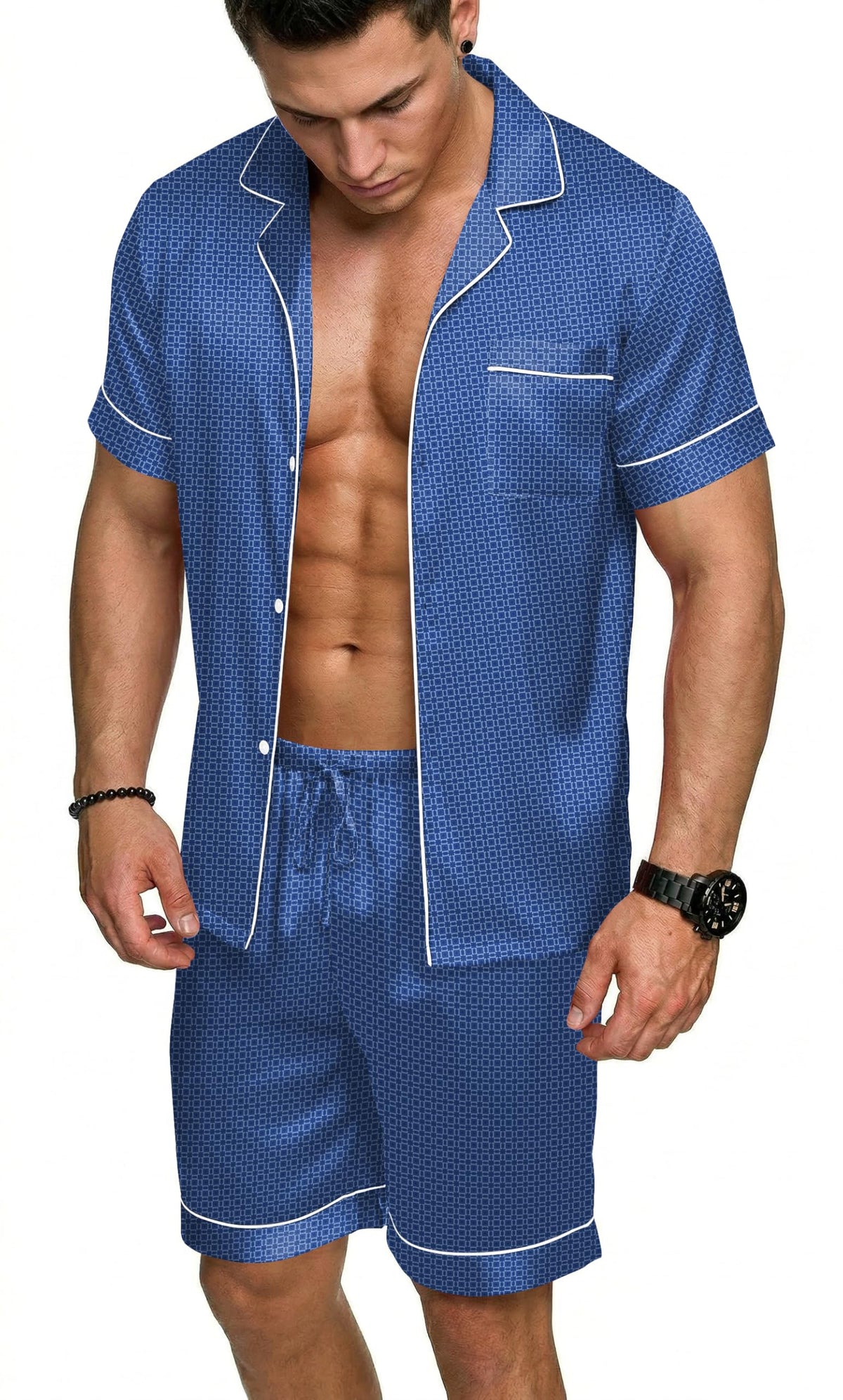 Ekouaer Mens Silk Satin Pajamas Set Short Sleeve Button Up Lounge Pjs Set
