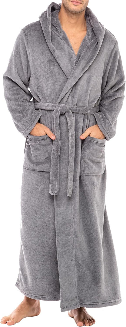 Men's Plush Fleece Hooded Robe with Pockets, Long Bathrobe