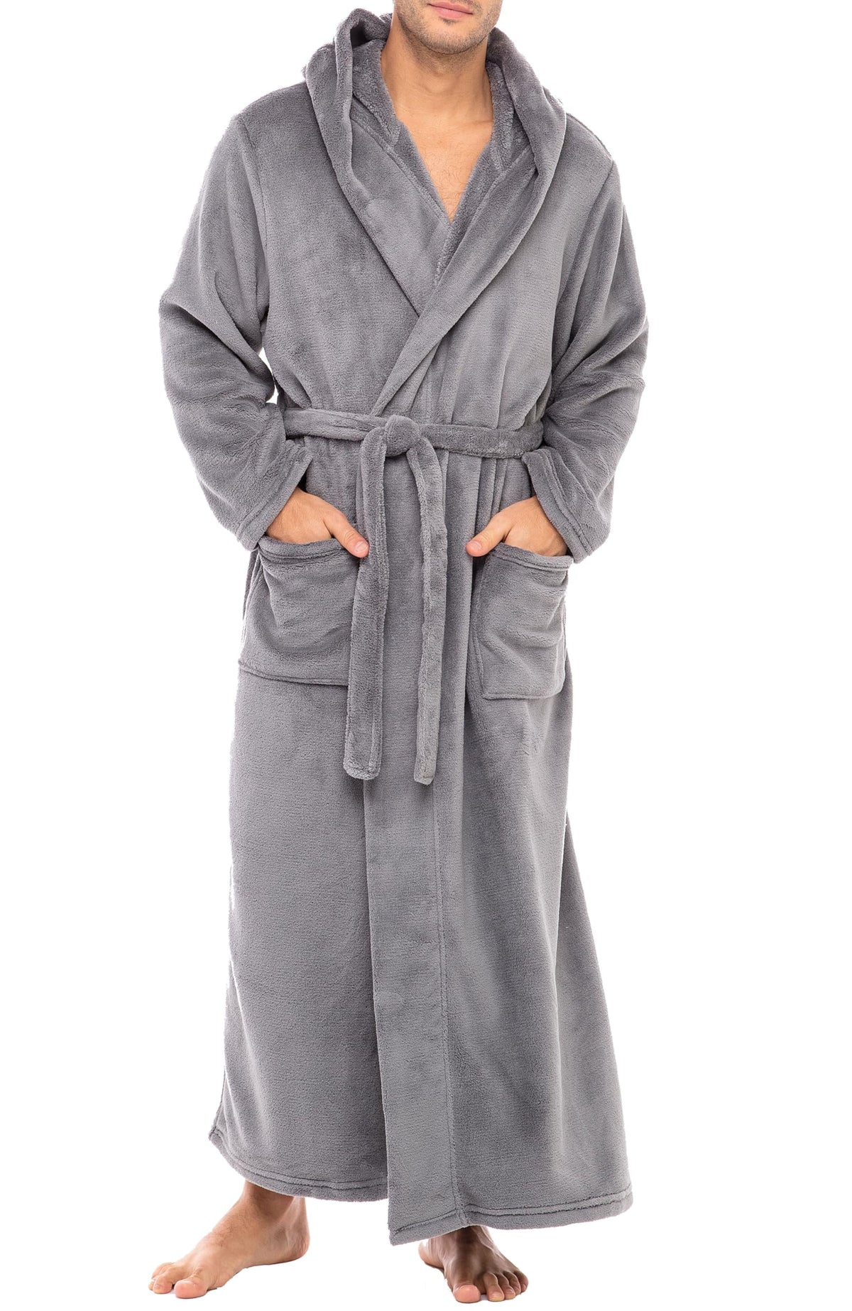 Men's Plush Fleece Hooded Robe with Pockets, Long Bathrobe