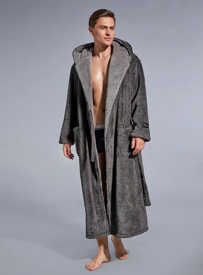 SlumberMee Mens Hooded Robe Heavyweight Plush Fleece Full Length Bathrobe