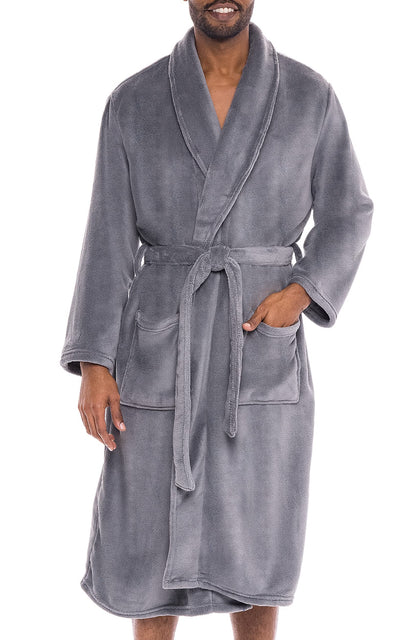 Men's Long Sleeve Lightweight Fleece Robe with Pockets, Bathrobe