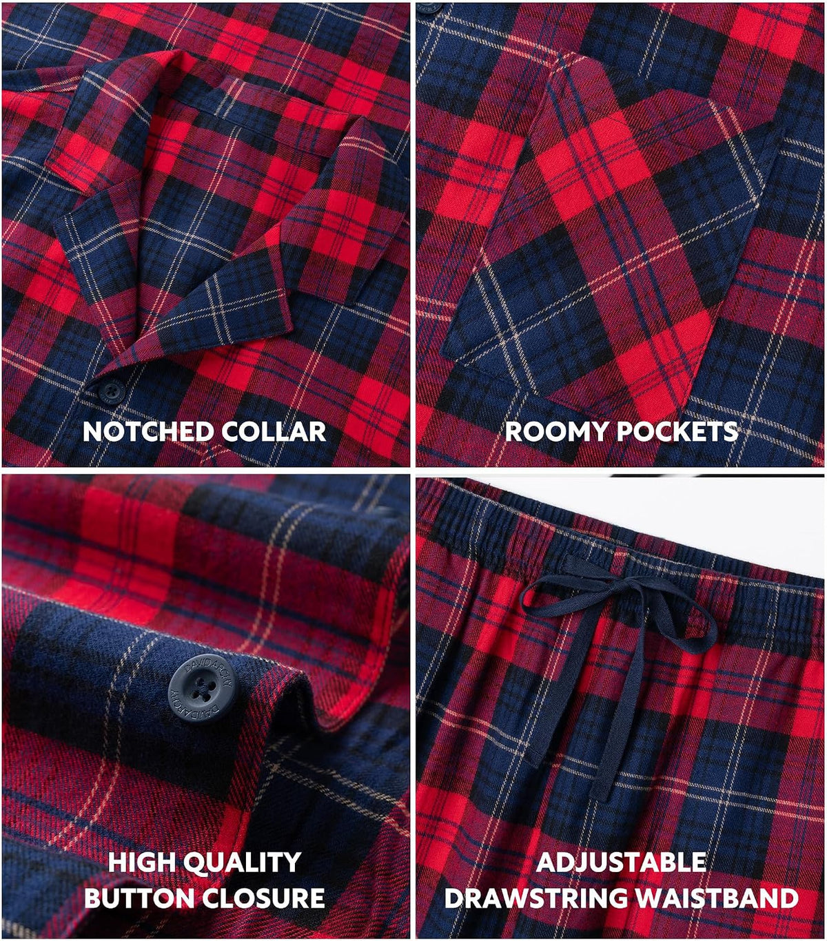 DAVID ARCHY Mens Pajamas Set Flannel Pjs Sets Cotton Pajamas for Men