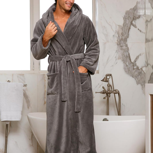 Men's Plush Fleece Hooded Robe with Pockets, Long Bathrobe