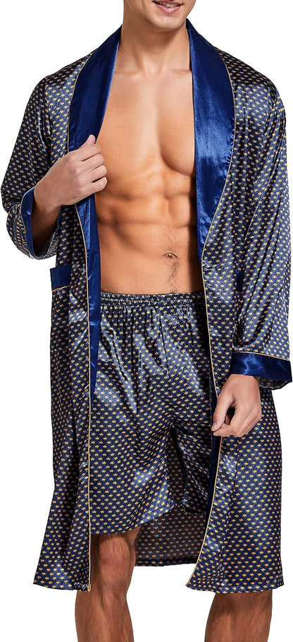 Mens Satin Robe Silk Long Sleeve Bathrobe with Shorts Set Kimono Sleepwear