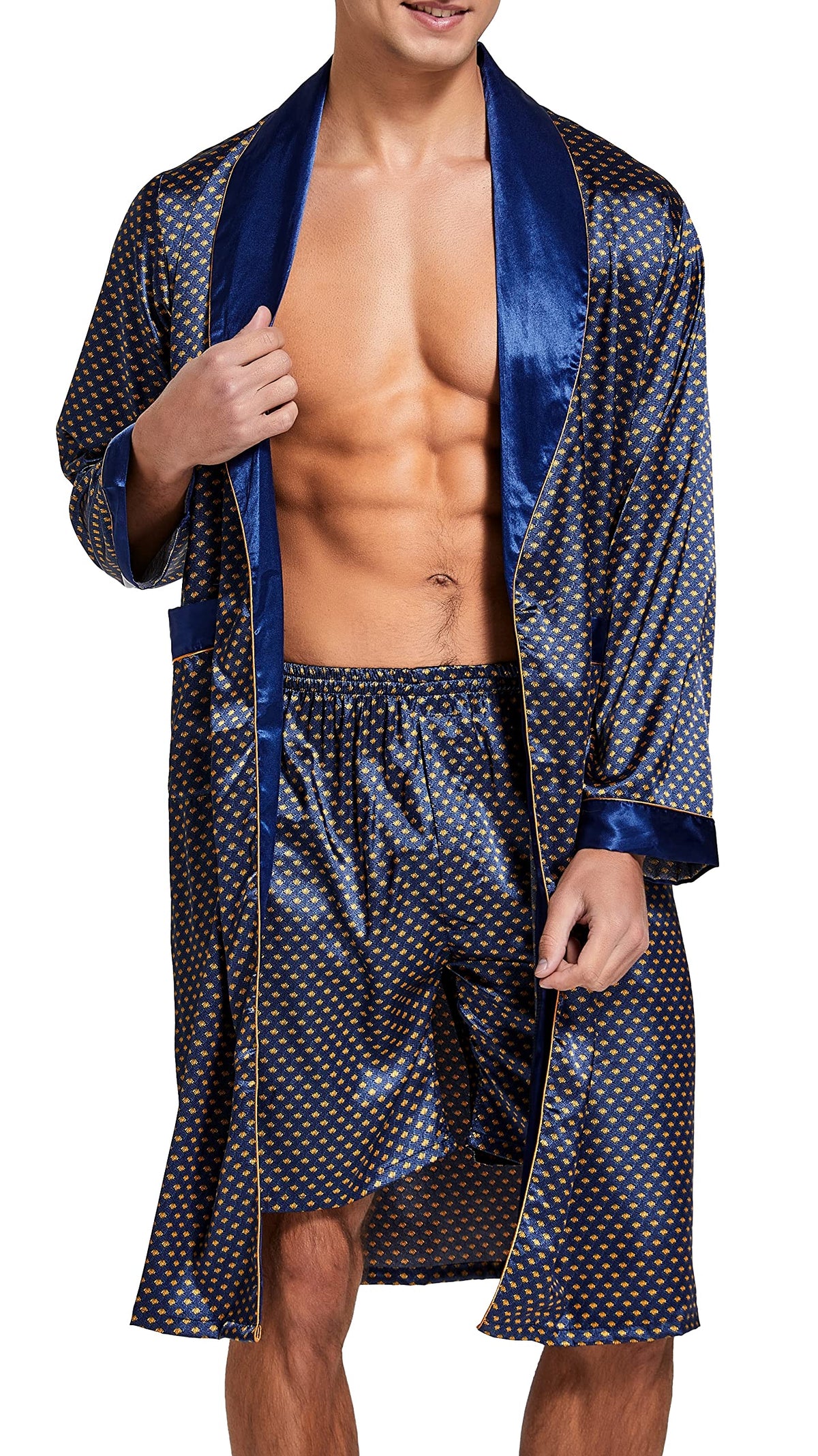 Mens Satin Robe Silk Long Sleeve Bathrobe with Shorts Set Kimono Sleepwear