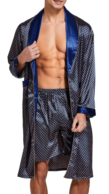 Mens Satin Robe Silk Long Sleeve Bathrobe with Shorts Set Kimono Sleepwear