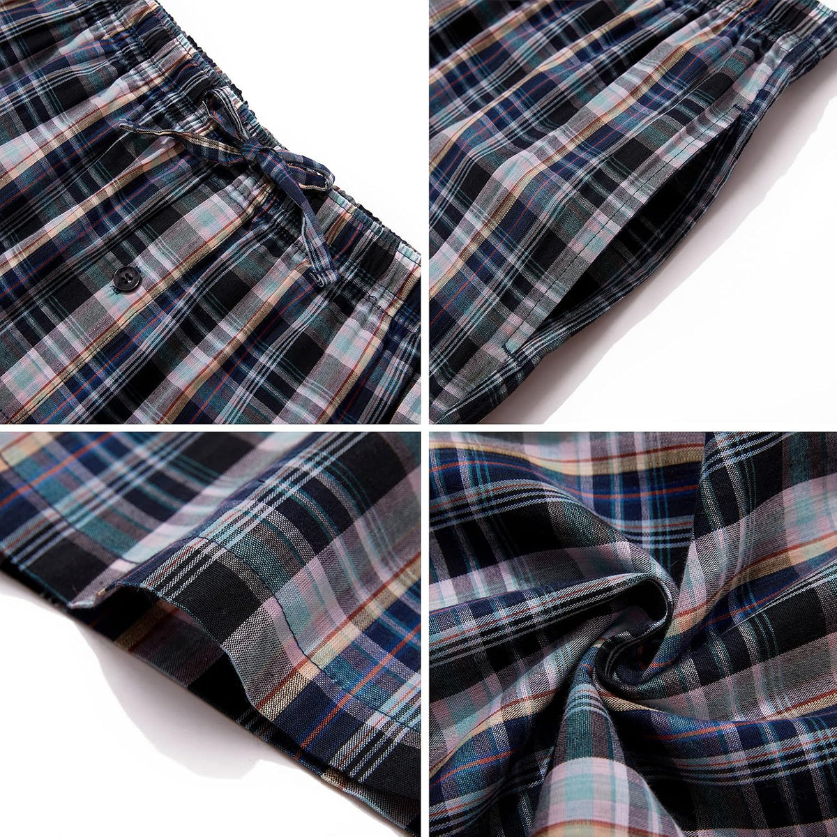 Jveyvth Mens Pajama Pants 100% Cotton Plaid Sleep & Lounge Pants, PJ Bottoms with Pockets and Button Fly