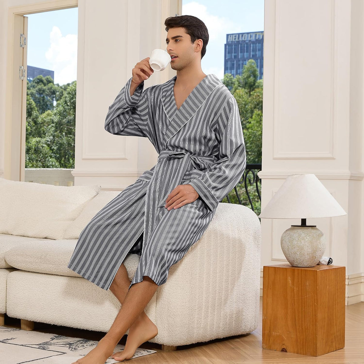 Vulcanodon Mens Robe, Lightweight Breathable Kimono Bathrobe, Soft Sleepwear