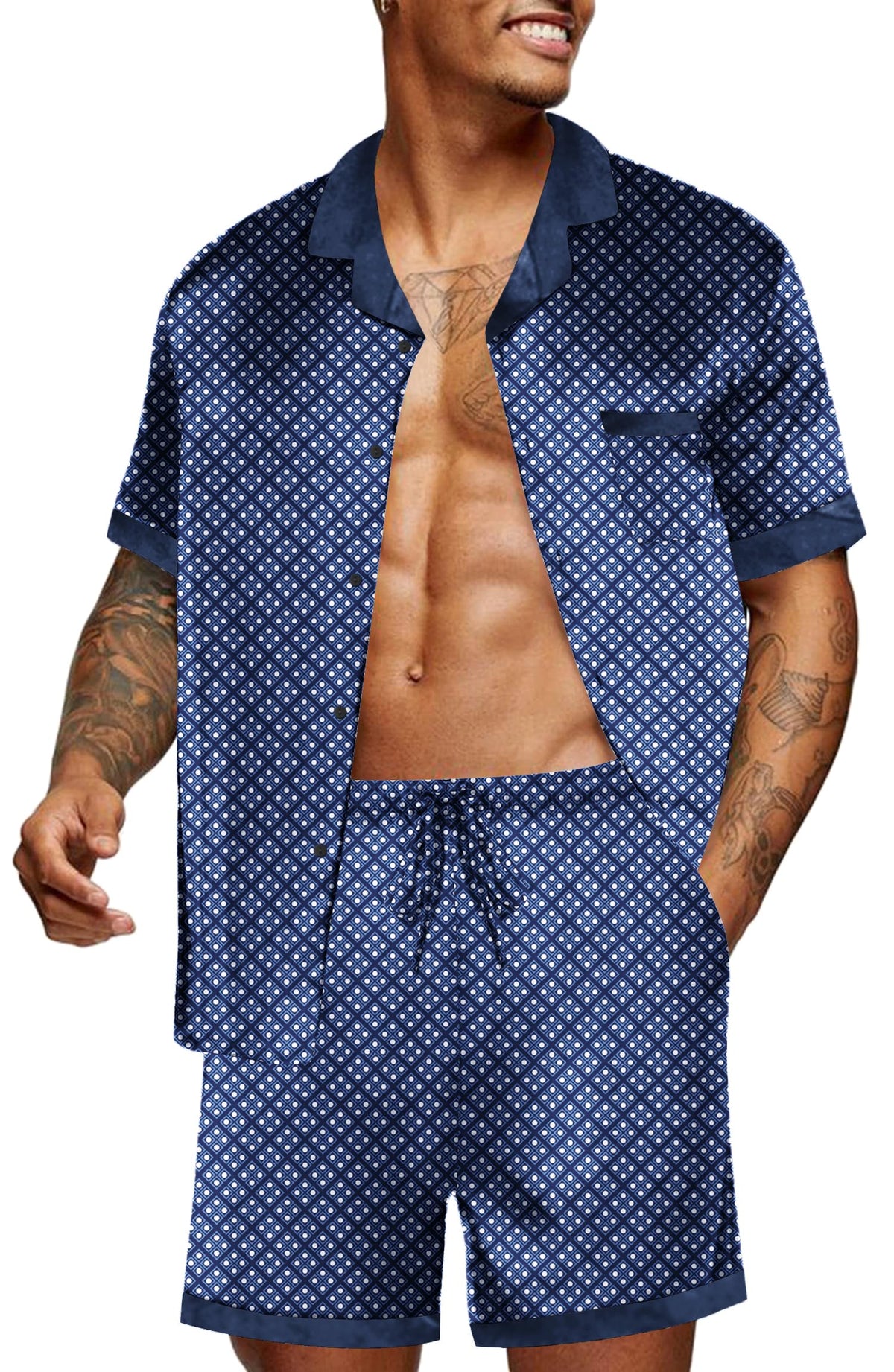 Ekouaer Men Silk Pajamas Set 2 Pieces Satin Pj Button Down Loungewear Sets