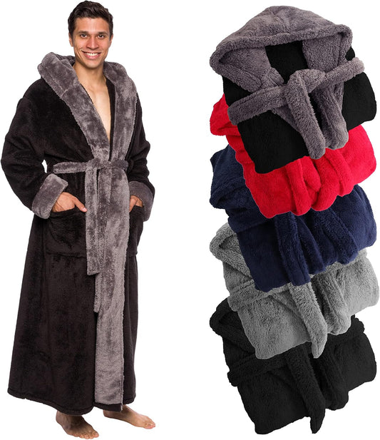 Ross Michaels Mens Luxury Robe Hooded Big and Tall - Long Plush Fleece Bath Robe with Hood and Pockets- Gift Men and Teens