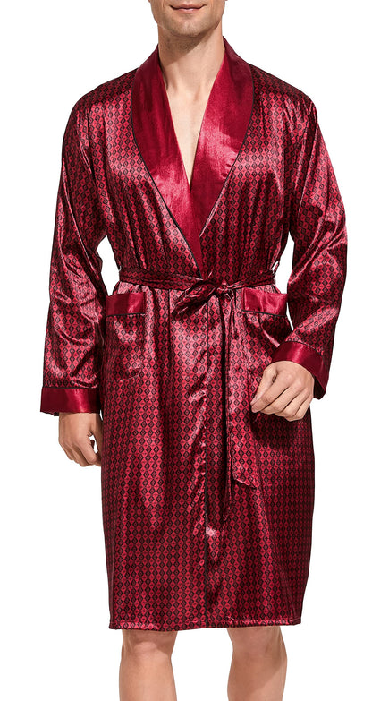 Mens Satin Robe Silk Long Sleeve Bathrobe with Shorts Set Kimono Sleepwear