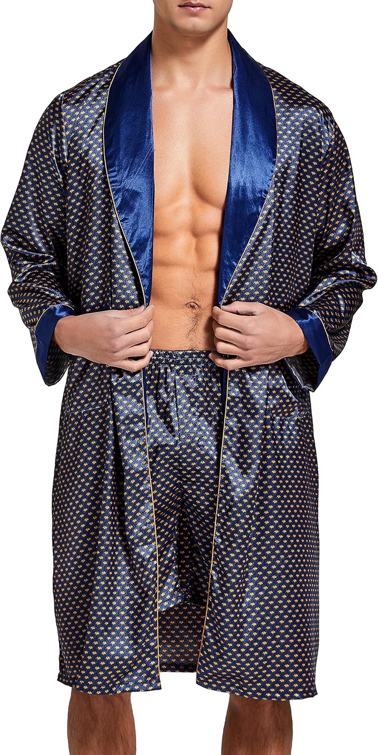 Mens Satin Robe Silk Long Sleeve Bathrobe with Shorts Set Kimono Sleepwear
