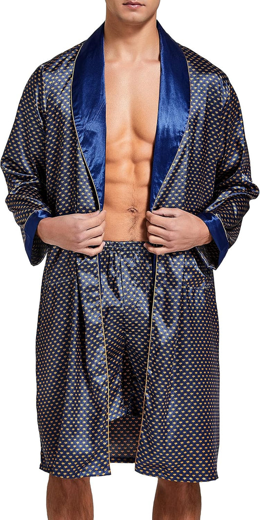 Mens Satin Robe Silk Long Sleeve Bathrobe with Shorts Set Kimono Sleepwear