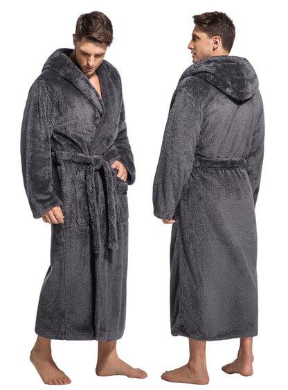 ToastyLife Mens Soft Plush Fleece Long Robe, Hooded Bathrobe with Pockets