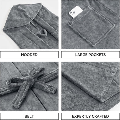 Absorbent Fleece Mens Robe with Hood Warm Cozy Ultra Soft Bathrobe Luxury Quick Dry Spa Towel Robe for Men