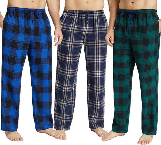 JupiterSecret Mens Pajama Pants Set Flannel Cotton Sleep & Lounge Pants 3 Pack, PJ Bottoms with Pockets and Button Fly