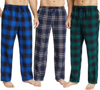 JupiterSecret Mens Pajama Pants Set Flannel Cotton Sleep & Lounge Pants 3 Pack, PJ Bottoms with Pockets and Button Fly